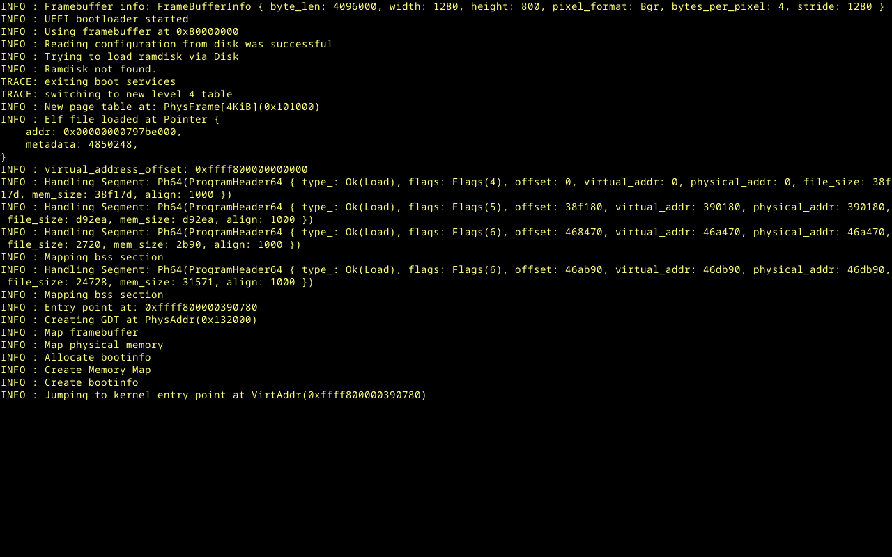 NexaCore OS boot console on real UEFI hardware: the framebuffer set up at 1280x800, boot services exited, four-level page tables built, the kernel ELF loaded, and the jump to the kernel entry point.