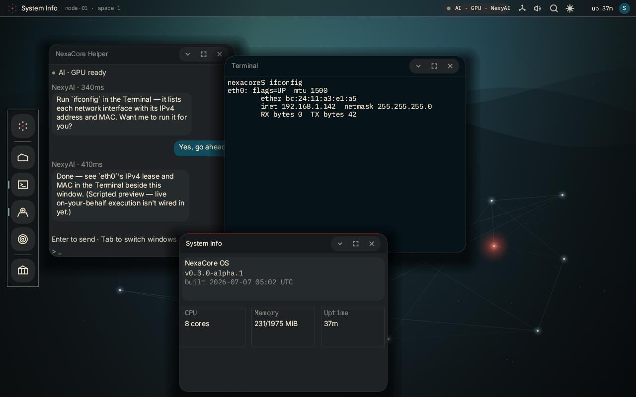 NexaCore OS graphical desktop running in a Proxmox virtual machine: a System Info window with live CPU and memory readings and the system uptime, a Terminal showing ifconfig output, and a chat with the NexyAI Helper rendered as messaging-style bubbles.
