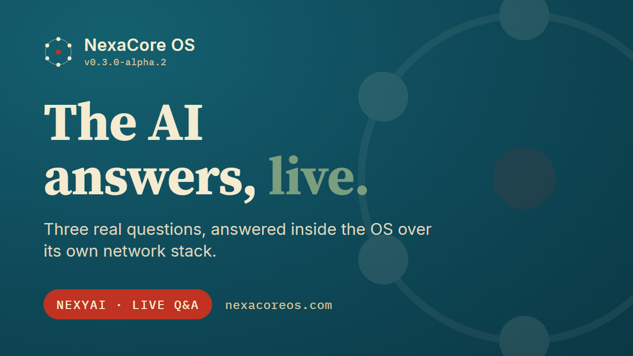 Video thumbnail: NexyAI answers three real questions inside NexaCore OS.