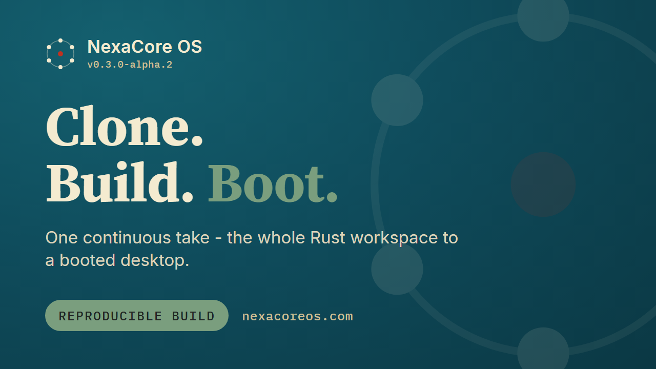 Video thumbnail: clone, build, boot NexaCore OS — the Rust workspace compiled and booted into an AI-native desktop.